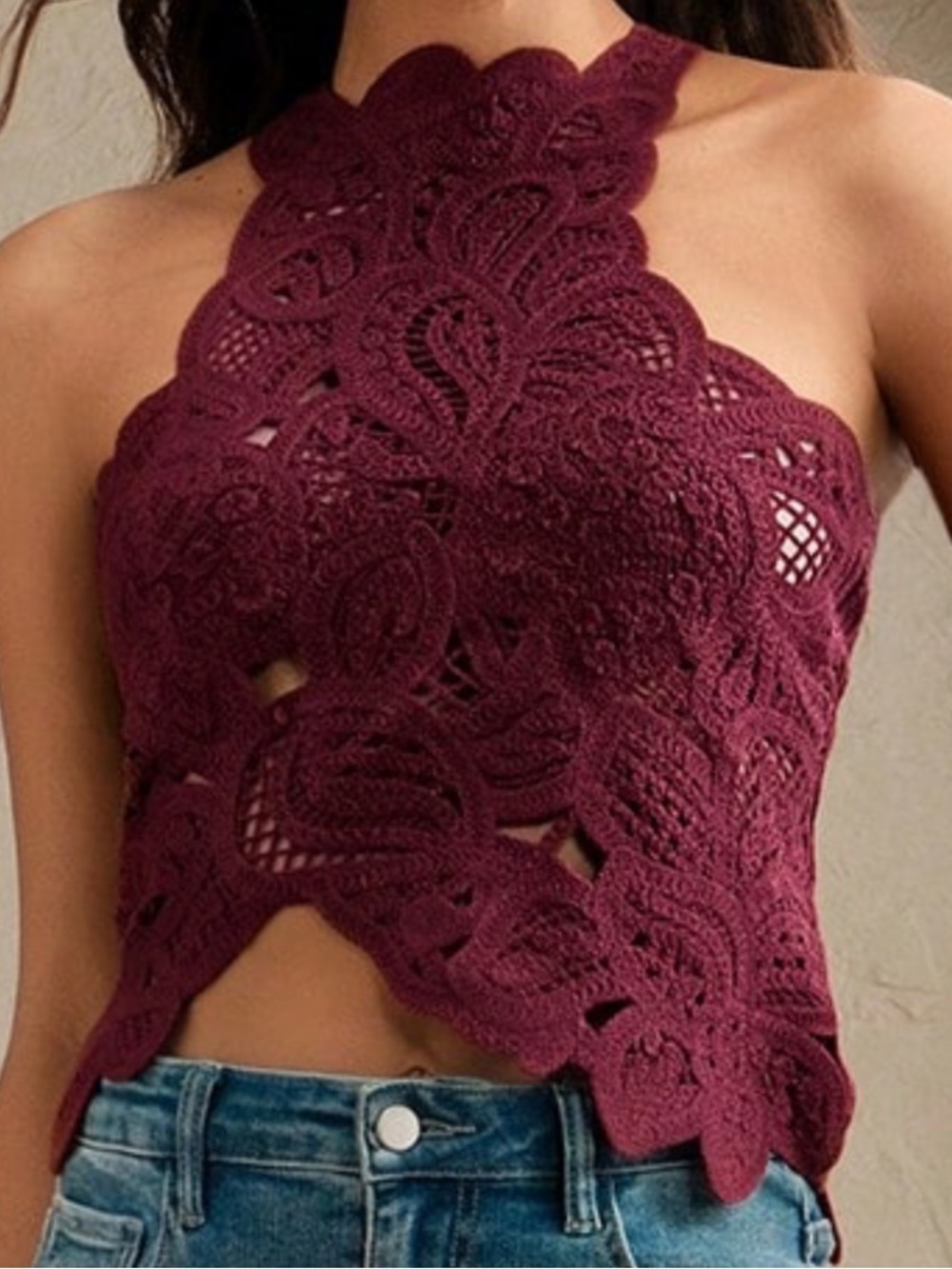 Scalloped Crochet Halter Crop Top - Burgundy
